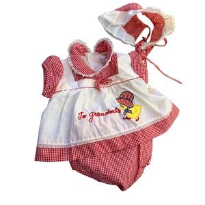 Vintage Baby Girls Red Gingham 'To Grandma's' Duck Dress Bonnet Bloomers Set